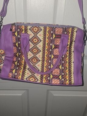 Purple Patterned Woven Tote with Double Handles and Crossbody Strap